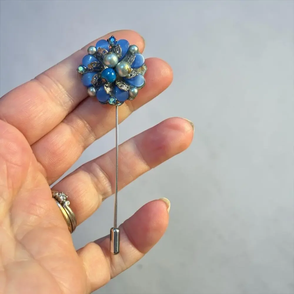 Blue Floral Stick Pin Something Blue Handmade Vintage Earring Lapel Pin
